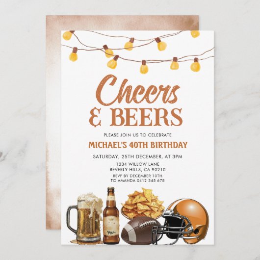 応援&ビアーアダルト誕生日ストリングライトパーティー 招待状 (正面/裏面)