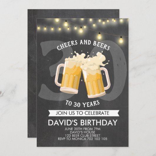 応援&ビアーズマン誕生日チャルクボードのジャーライト 招待状 (正面/裏面)