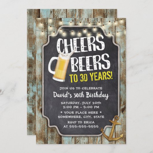 応援&ビアーズ金ゴールドいかりヴィンテージ30th誕生日 招待状 (正面/裏面)