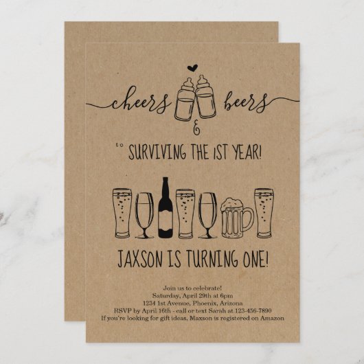 応援&ビールボトルトーストファースト誕生日パーティー 招待状 (正面/裏面)