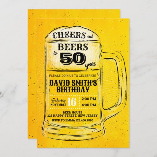 応援&ビール誕生日招待状。任意の年齢 招待状 (正面/裏面)