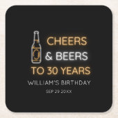 応援&ビール30年ネオンサイン誕生日 スクエアペーパーコースター (正面)