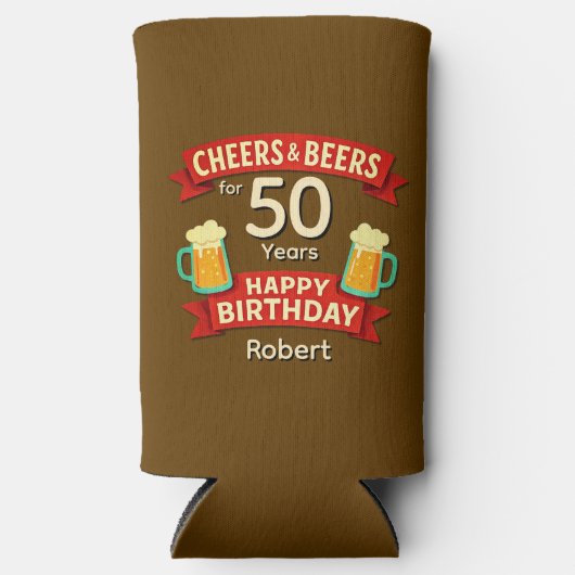 応援&ビール50年ハッピーバースデー名 スリム缶クーラー (正面)