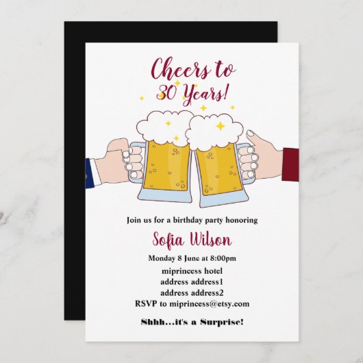 応援，ビール，誕生日パーティーの招待 招待状 (正面/裏面)