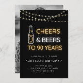 応援&ビールNeon Sign 90th大人の誕生日写真 招待状 (正面/裏面)