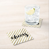 応援 |ブラック&フェイク金ゴールドストライプ スクエアペーパーコースター (インサイチュ)