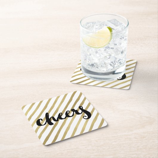 応援 |ブラック&フェイク金ゴールドストライプ スクエアペーパーコースター (インサイチュ)