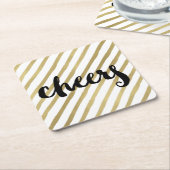 応援 |ブラック&フェイク金ゴールドストライプ スクエアペーパーコースター (アングル)