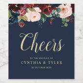 応援 |ブルゴーニュとネイビーブルーのフローラ結婚ズ ワインラベル (シングルラベル)