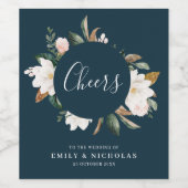 応援 |ホワイトマグノリアフローラネイビーブルー ワインラベル (シングルラベル)