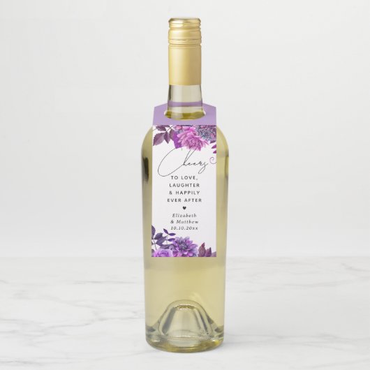 応援。水彩パープルフローラ庭園の結婚式 ボトルネックタグ (ボトル)
