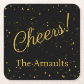 応援!黒エレガントパーソナライズされた色 スクエアペーパーコースター (正面)