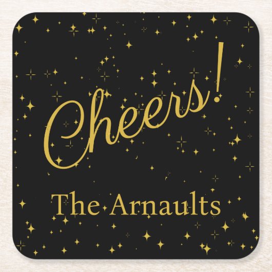 応援!黒エレガントパーソナライズされた色 スクエアペーパーコースター (正面)