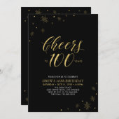 応援~100 |金ゴールド&ブラック100thバースデーパーティー 招待状 (正面/裏面)