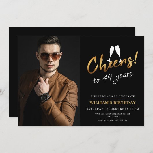 応援～49歳金ゴールド黒成人誕生日写真 招待状 (正面/裏面)