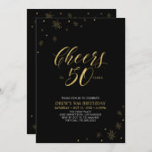 応援~50 |金ゴールドとブラック50thバースデーパーティー 招待状 (正面/裏面)