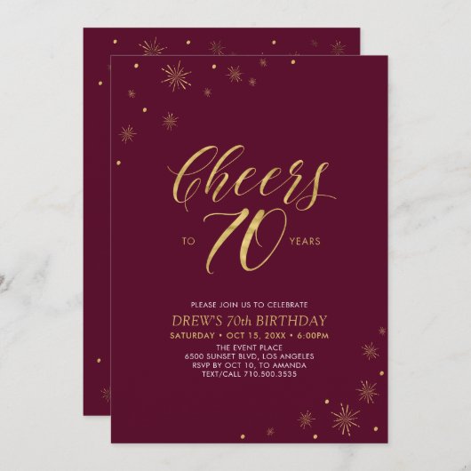応援～70 | 金ゴールド&ブルゴーニュ70thバースデーパーティー 招待状 (正面/裏面)