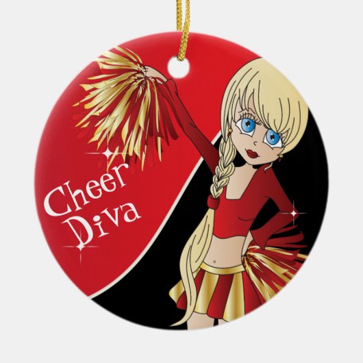 応援📣💖 Diva Red Cheerleader Girl セラミックオーナメント (正面)