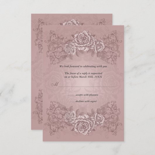 応答の招待状を結婚している旧式な藤色のバラ 出欠カード (正面/裏面)
