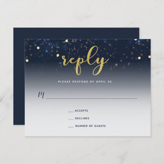 応答カードを結婚している星の海軍および金ゴールドの下 出欠カード (正面/裏面)