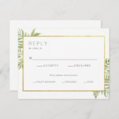 応答カードを結婚する金ゴールドのボーダー緑の花柄の葉 出欠カード (正面/裏面)