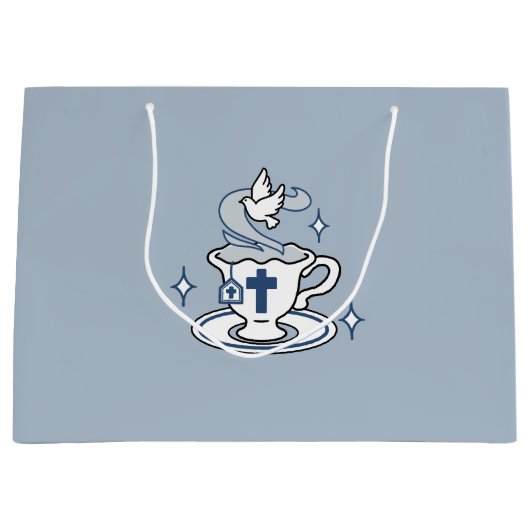 忠実なリビングアート – Teacup with Cross and Dove ラージペーパーバッグ (正面)