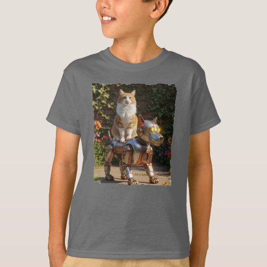 忠実なロボット犬に乗る猫! Tシャツ (正面)