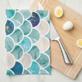 快活な水のターコイズの大理石の人魚の魚スケール キッチンタオル (四つ折り)