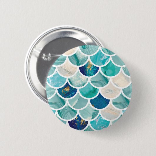 快活な水のターコイズの大理石の人魚の魚スケール 缶バッジ (正面&裏面)