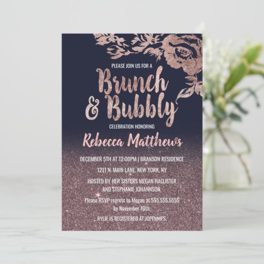 快活な濃紺のバラの金ゴールドのグリッターの花のブランチ 招待状 (スタンド正面)