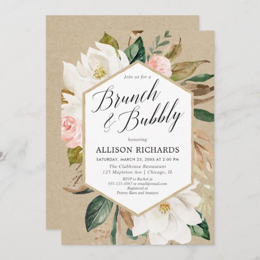 快活な赤面のピンクの白い花の素朴なブランチ 招待状 (正面/裏面)