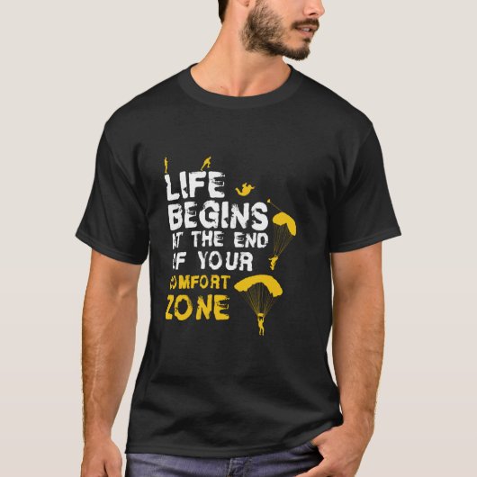 快適ゾーンで人生は始まる スカイダイバー タンデムジャンプ スカイ Tシャツ (正面)