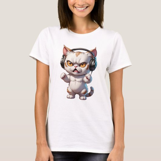 怒おもしろいヘッドフォン付き怒猫 Tシャツ (正面)