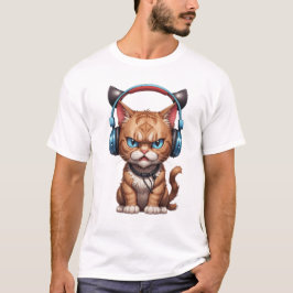 怒おもしろいヘッドフォン付き怒猫 Tシャツ