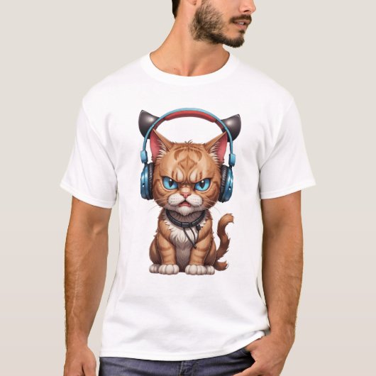 怒おもしろいヘッドフォン付き怒猫 Tシャツ (正面)