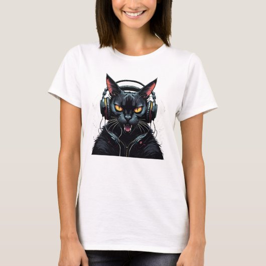 怒おもしろいヘッドフォン付き怒猫 Tシャツ (正面)