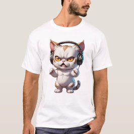 怒おもしろいヘッドフォン付き怒猫 Tシャツ