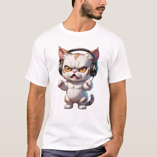 怒おもしろいヘッドフォン付き怒猫 Tシャツ (正面)