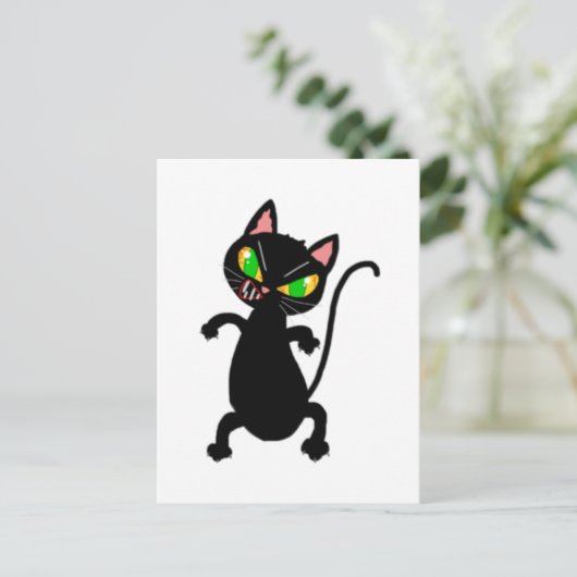 怒おもしろい猫アクセサリー – 黒猫，不機嫌 ポストカード (スタンド正面)