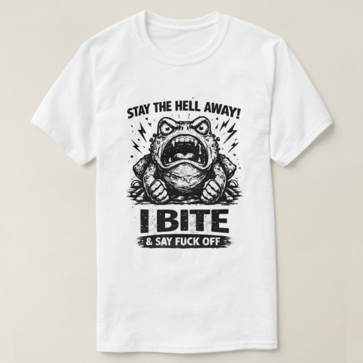 怒ったカエルに近づくな！私は噛む！面白いデザイン Tシャツ (デザイン正面)