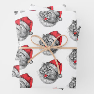 怒ったクリスマスサンタ帽子の猫 ラッピングペーパーシート