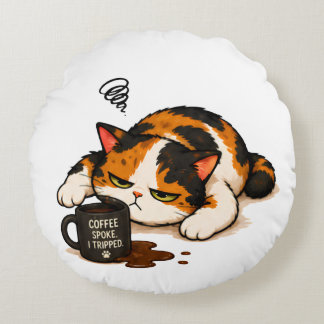 怒った三毛猫 - コーヒーを話す ラウンドクッション