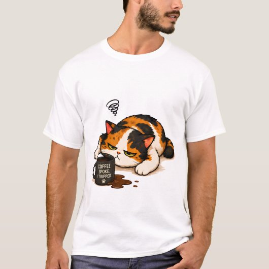 怒った三毛猫 - コーヒーを話す Tシャツ (正面)
