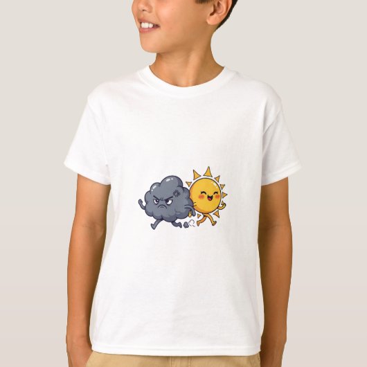 怒った嵐の雲が幸せな太陽を追いかける子供たち Tシャツ (正面)