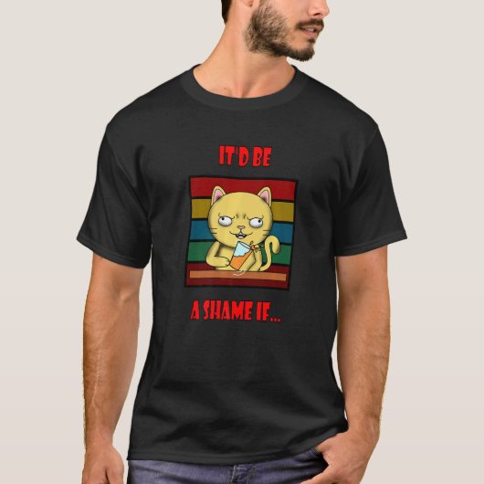 怒った猫が飲み物をこぼしている Tシャツ (正面)