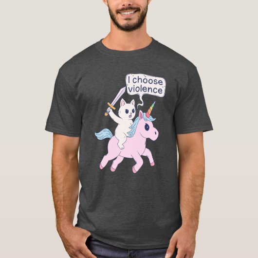 怒った猫に乗られたユニコーン "暴力に訴える" Meme re Tシャツ (正面)