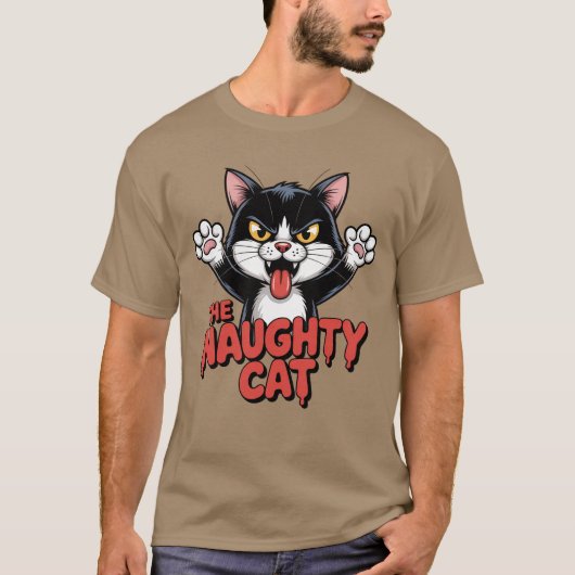 怒った猫のキャラクター イタズラ猫のグラフィック Tシャツ (正面)