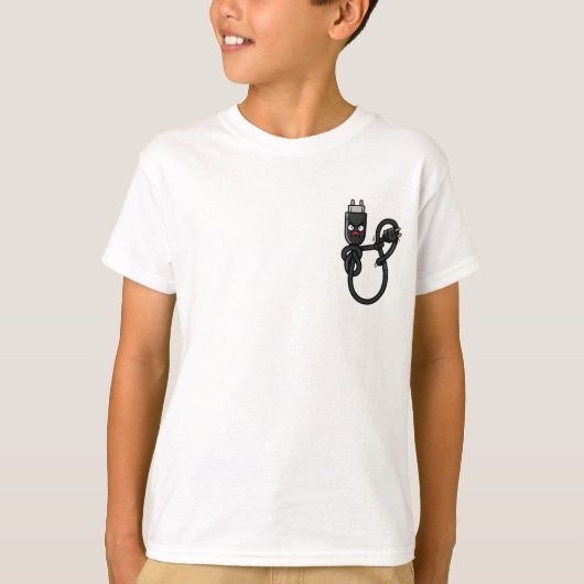 怒った絡まった電源コードのキャラクター 子供 Tシャツ (正面)