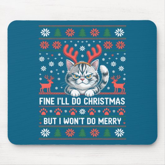 怒った角の猫 クリスマス おもしろ ださい セーター 長袖 マウスパッド (正面)