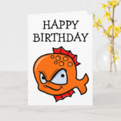 怒った金魚の誕生日おめでとう カード (黄色い花)